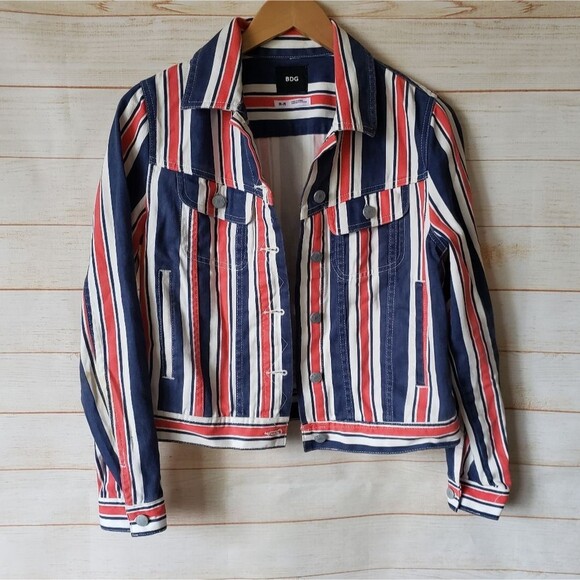 BDG Striped 100% Cotton Long Sleeved Cropped Jean Jacket Women's Size Medium - Picture 1 of 10